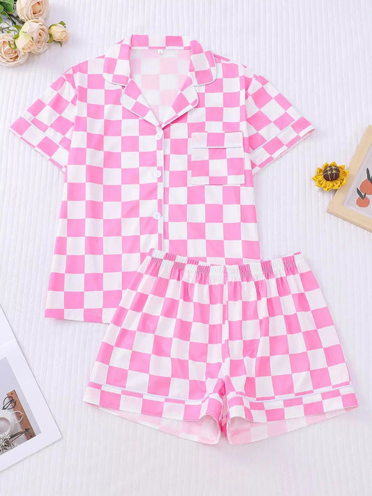 Checkered Print Button Up Top and Shorts Lounge Set Simply Love