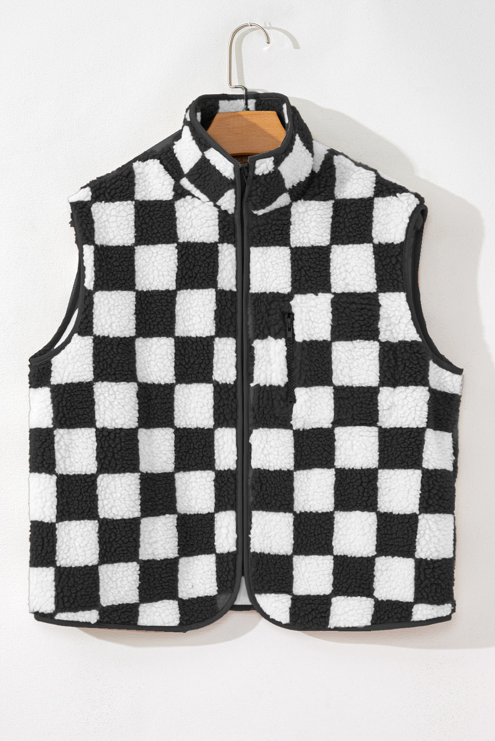 Black Checkered Sherpa Collared Jacket Vest