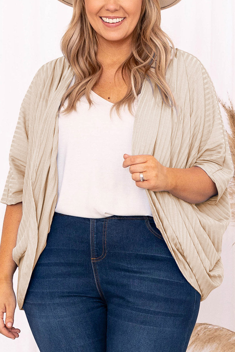 Apricot shimmer ribbed texture cardigan for plus sizes