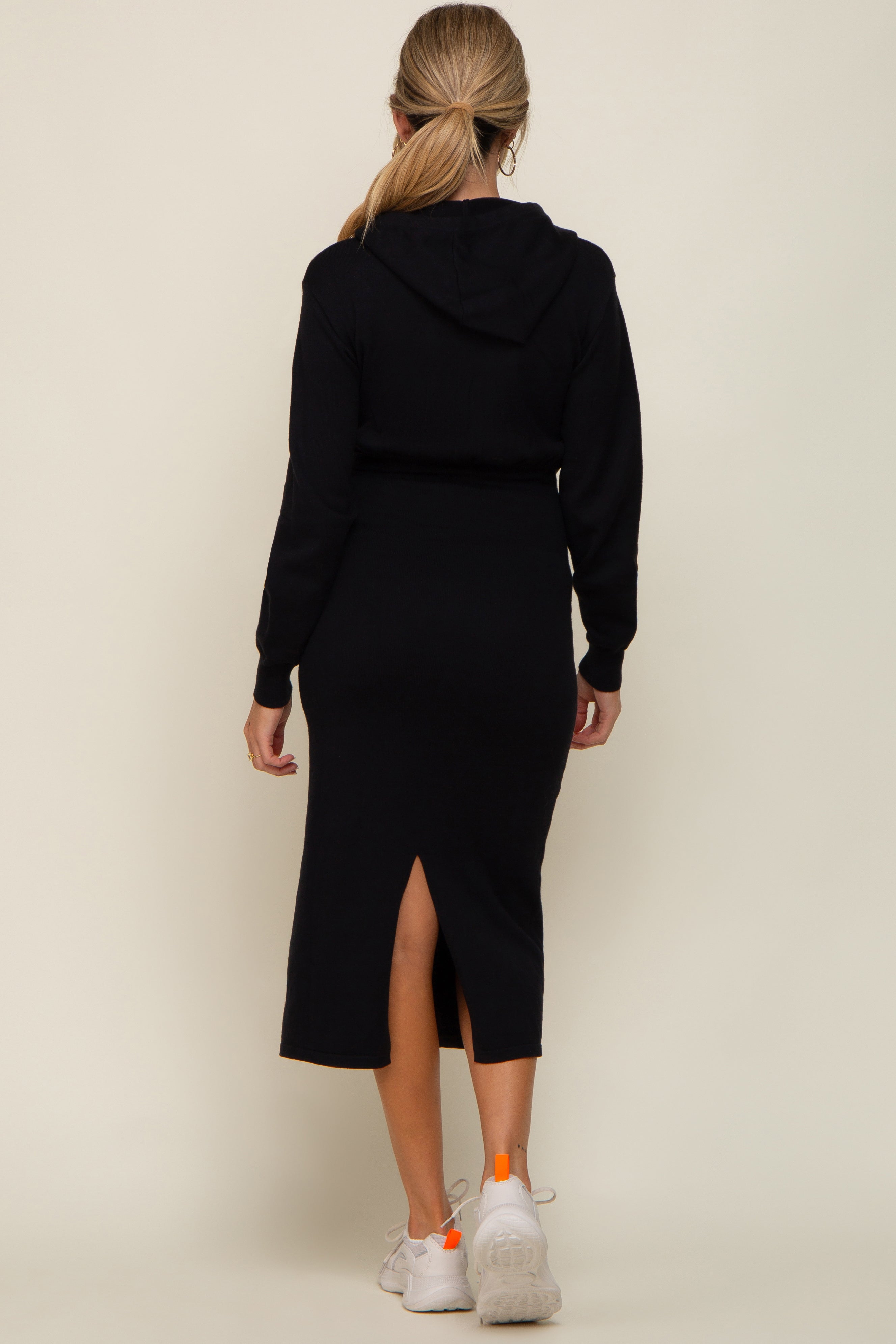 Black Knit Hooded Long Sleeve Maternity Dress PinkBlush