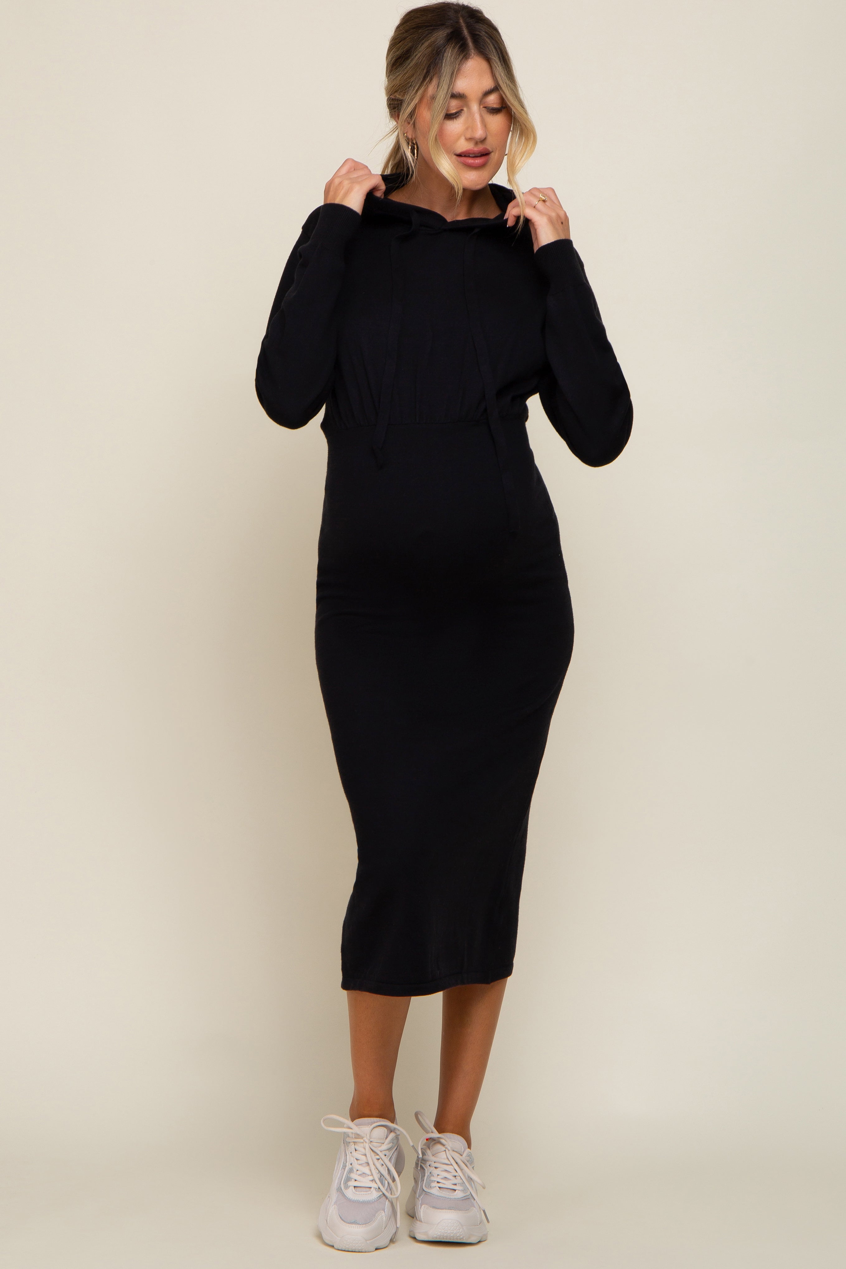 Black Knit Hooded Long Sleeve Maternity Dress PinkBlush