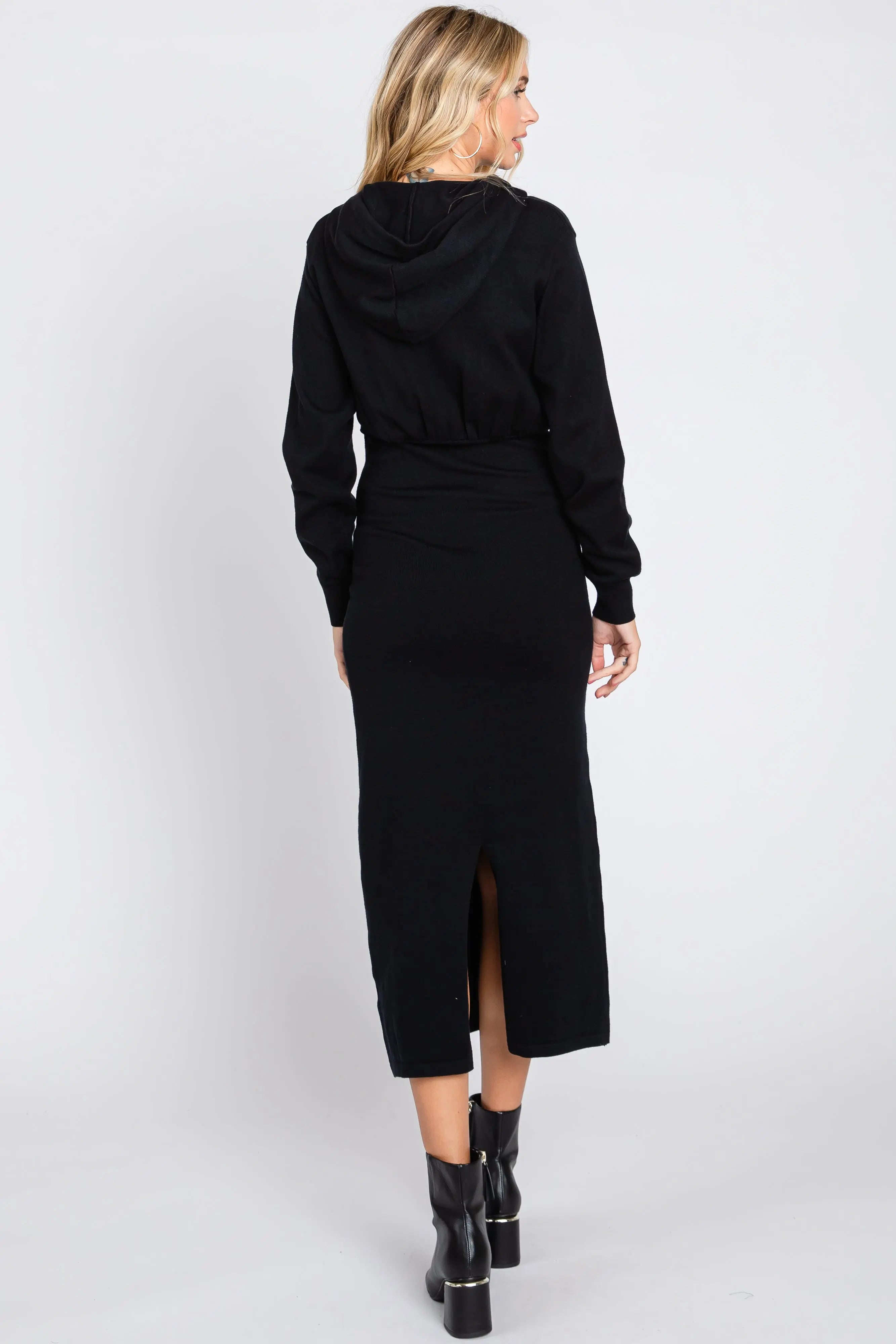 Black Knit Hooded Long Sleeve Dress PinkBlush