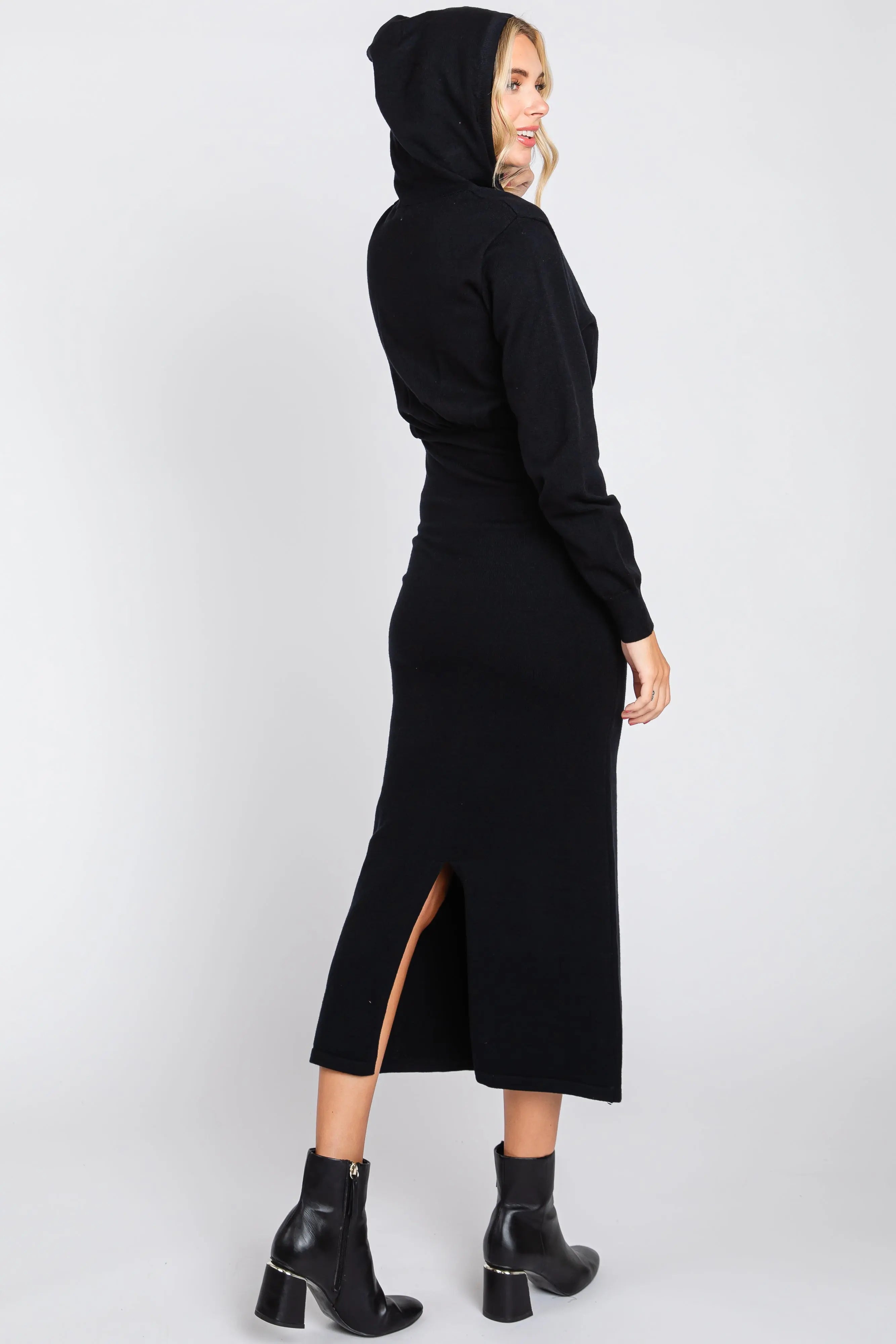 Black Knit Hooded Long Sleeve Dress PinkBlush