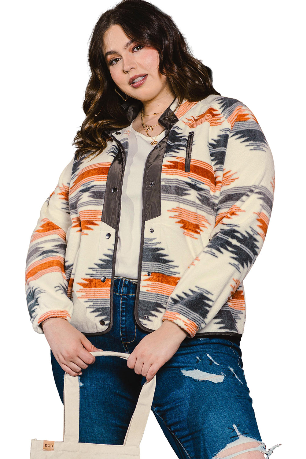 Stylish plus size gray Aztec print jacket with snap buttons and stand neck