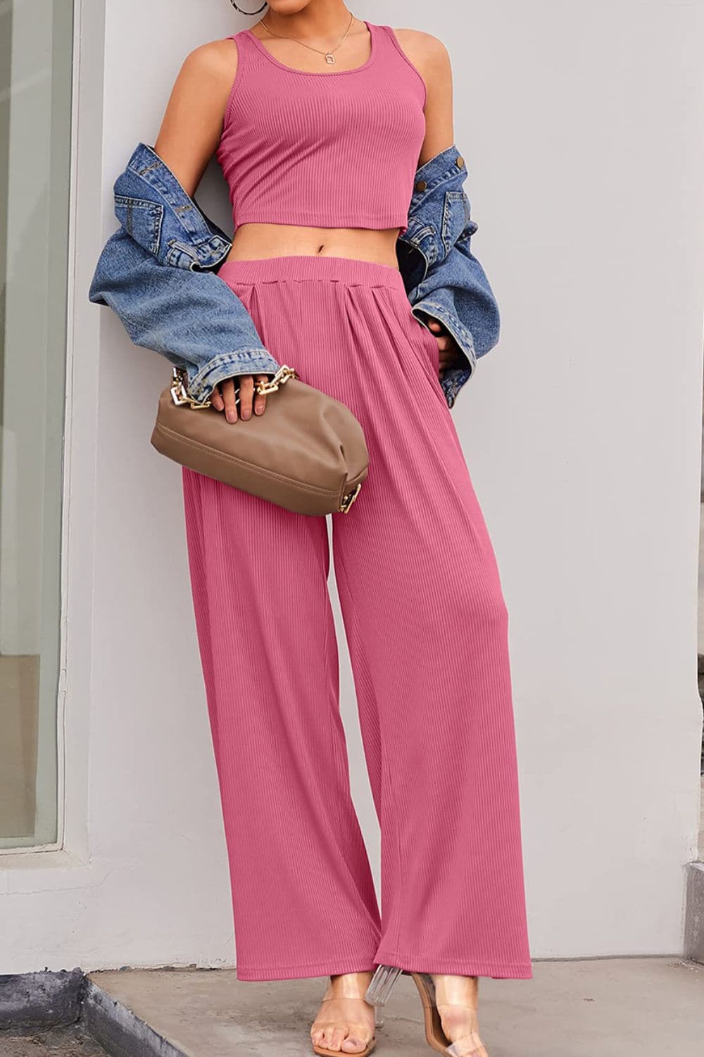 Scoop Neck Top and Wide Leg Pants Set.