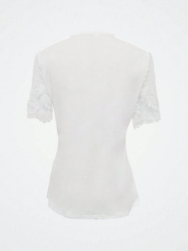 Notched Lace Short Sleeve Top.