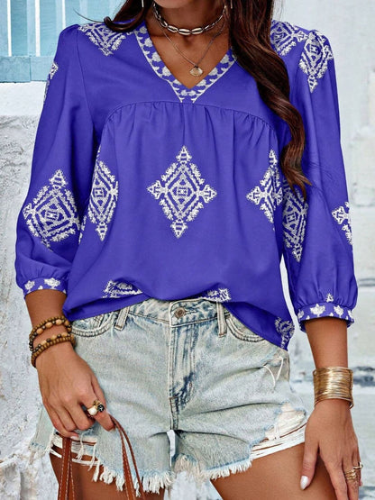 Printed V-Neck Three-Quarter Sleeve Blouse.