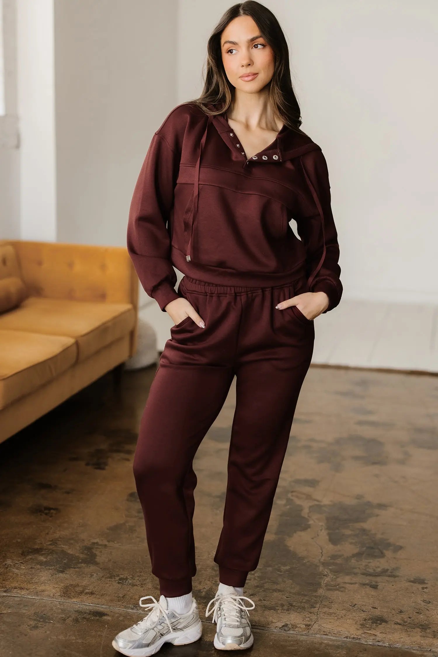 Chicory Coffee Button Drawstring Cropped Hoodie Jogger 2pcs Set Dear-Lover Dropshipping