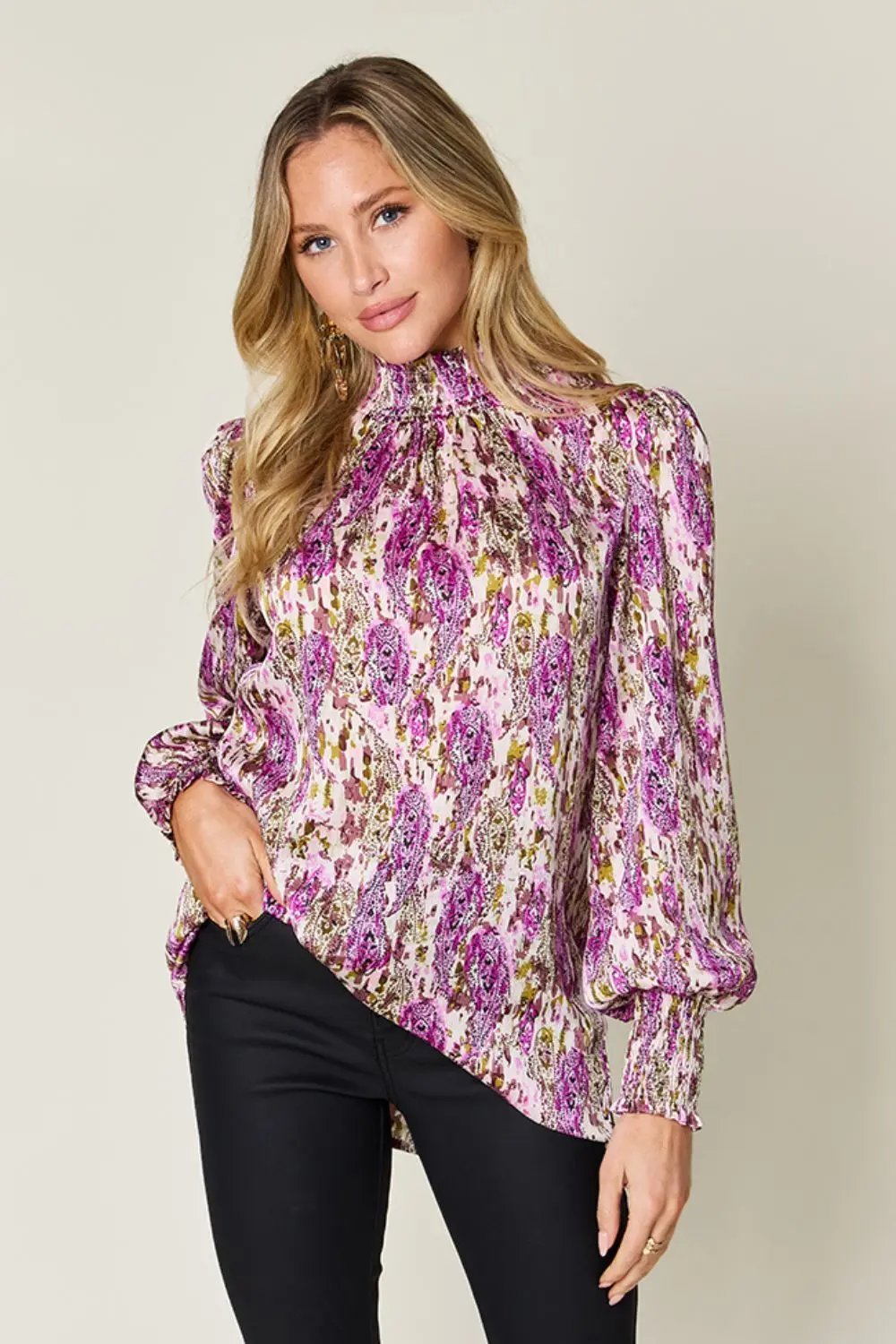 Double Take Full Size Printed Smocked Long Sleeve Blouse - Love Salve