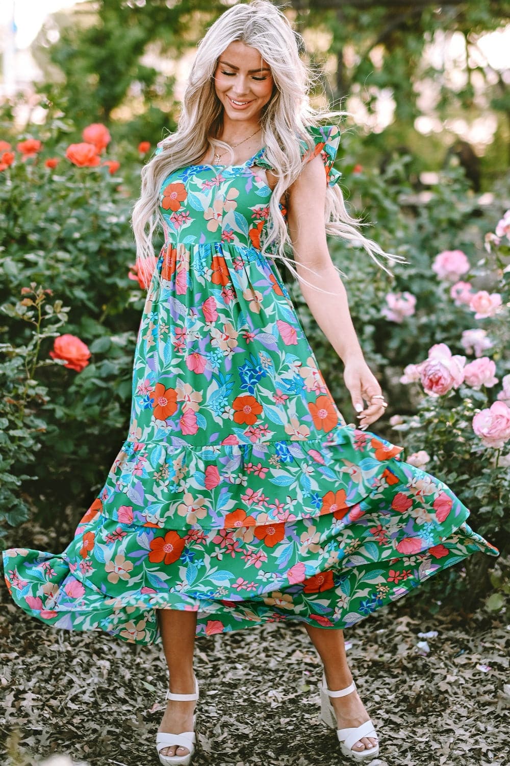 Tiered Ruffled Printed Sleeveless Dress.