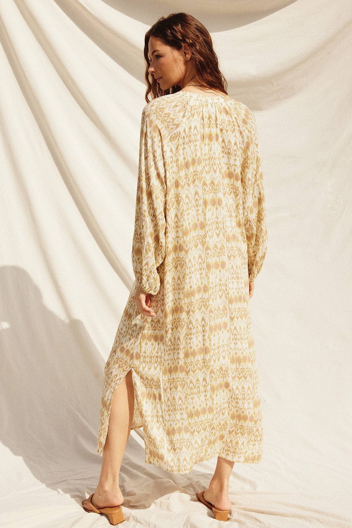 Cream Button Front Split V-Neck Side Slit Midi Dress PinkBlush