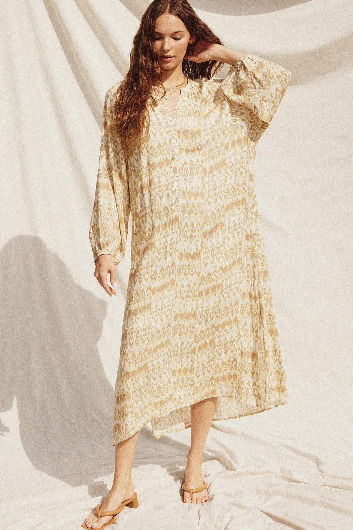 Cream Button Front Split V-Neck Side Slit Midi Dress PinkBlush