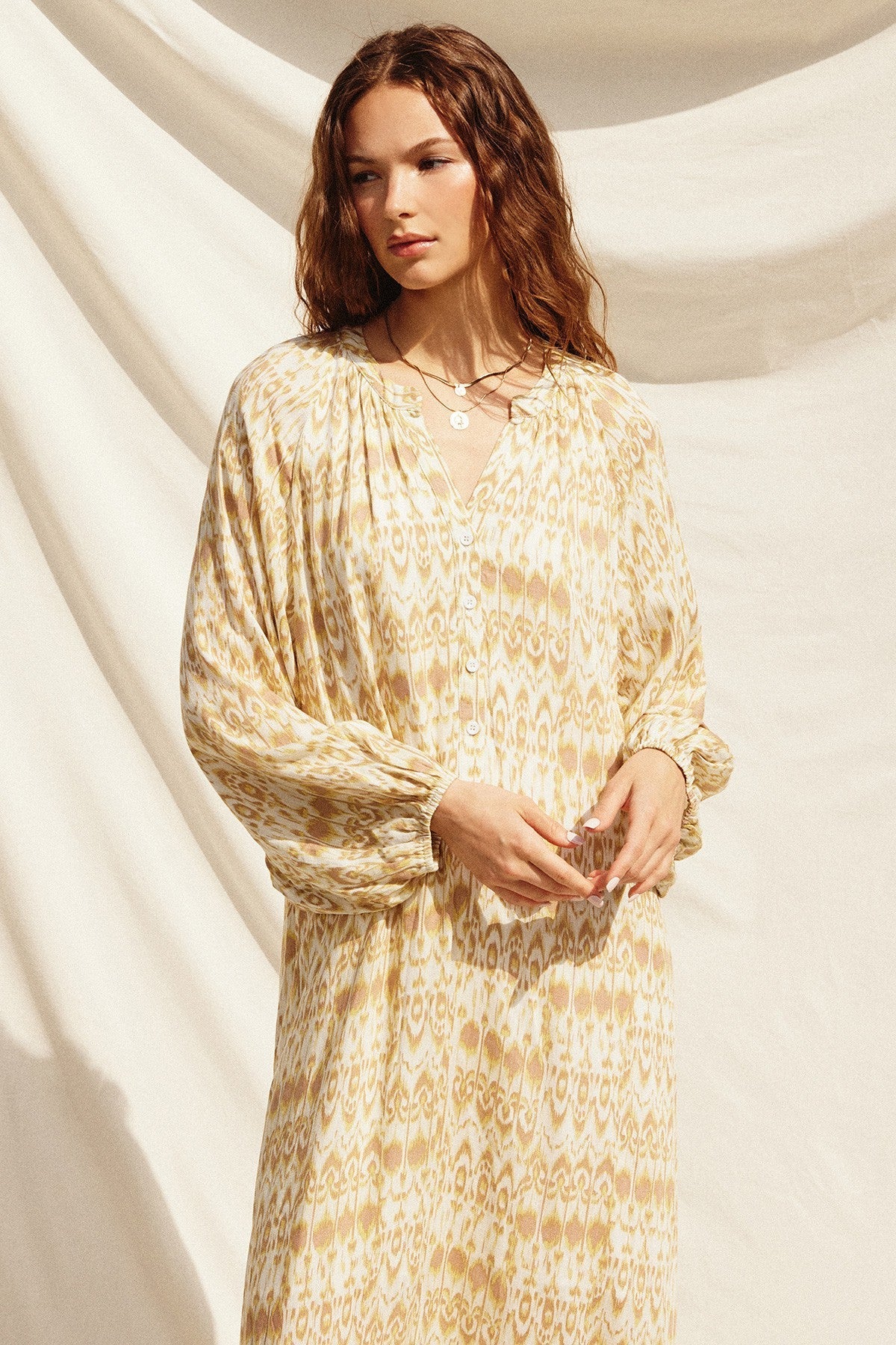 Cream Button Front Split V-Neck Side Slit Midi Dress PinkBlush