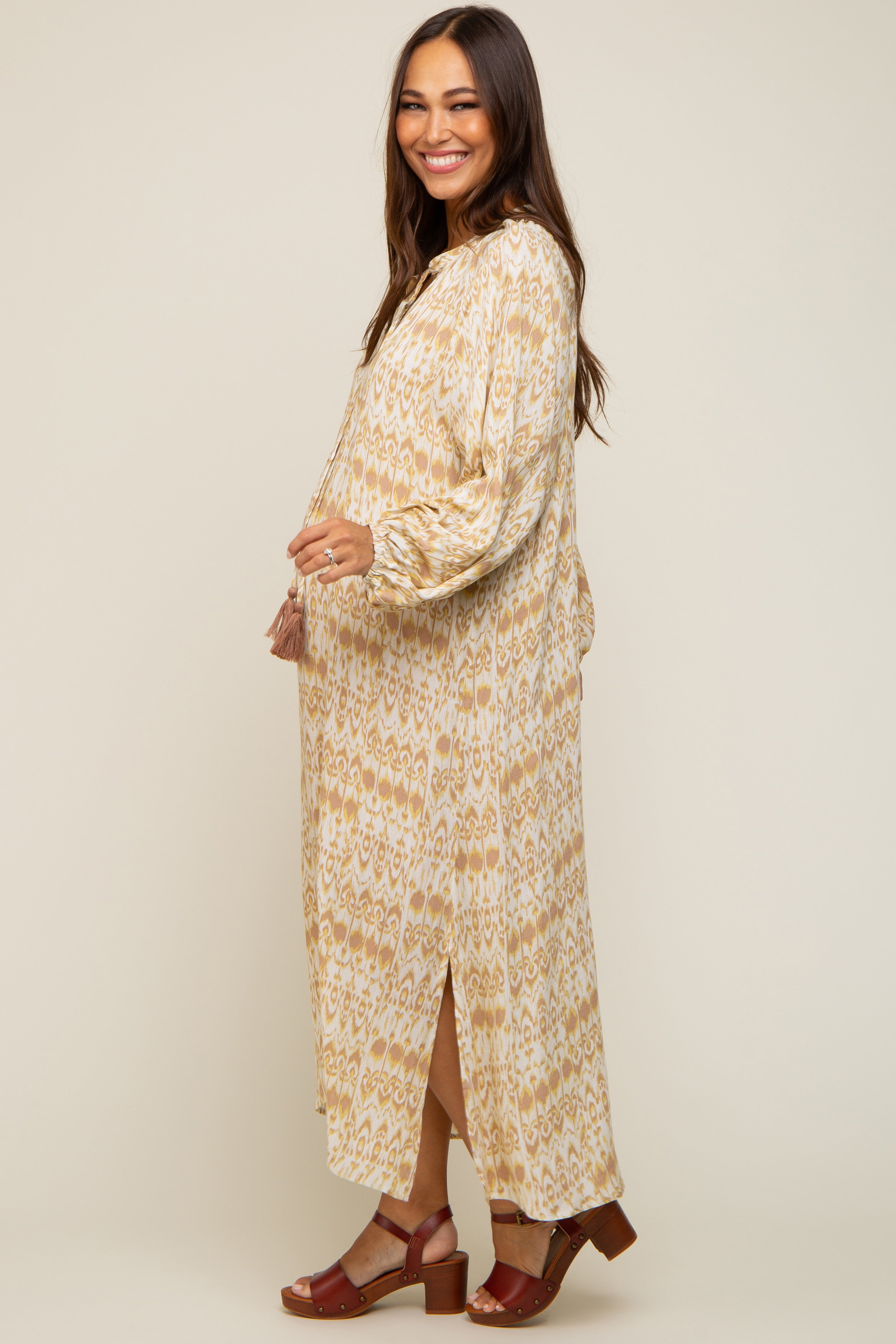 Cream Button Front Split V-Neck Side Slit Maternity Midi Dress PinkBlush