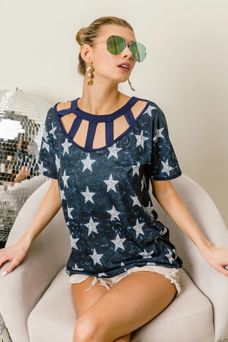 BiBi Vintage Star Print Top With Contrast Caged Neck - Love Salve 