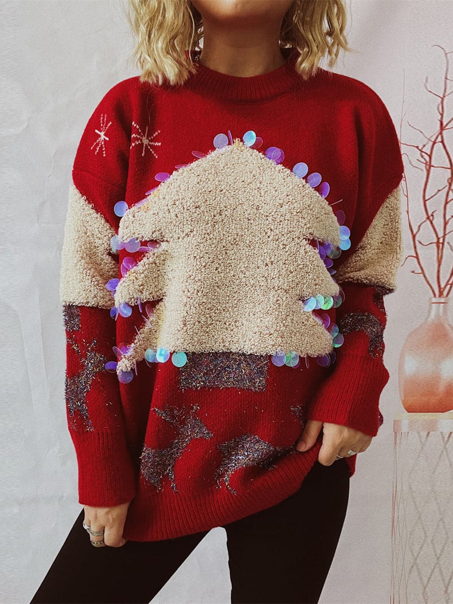 Sequin Christmas Tree & Reindeer Round Neck Sweater.