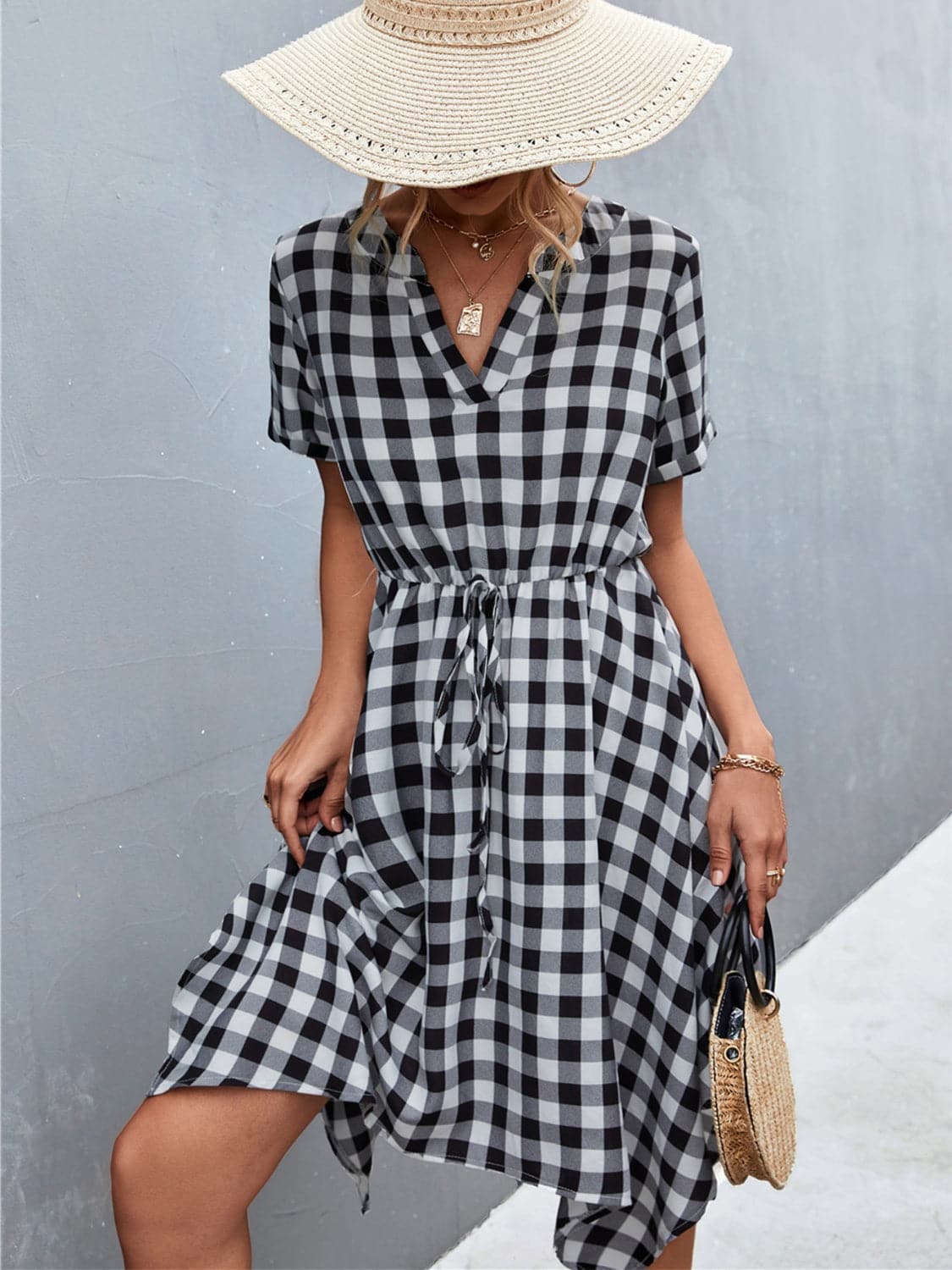 Plaid Notched Short Sleeve Dress.