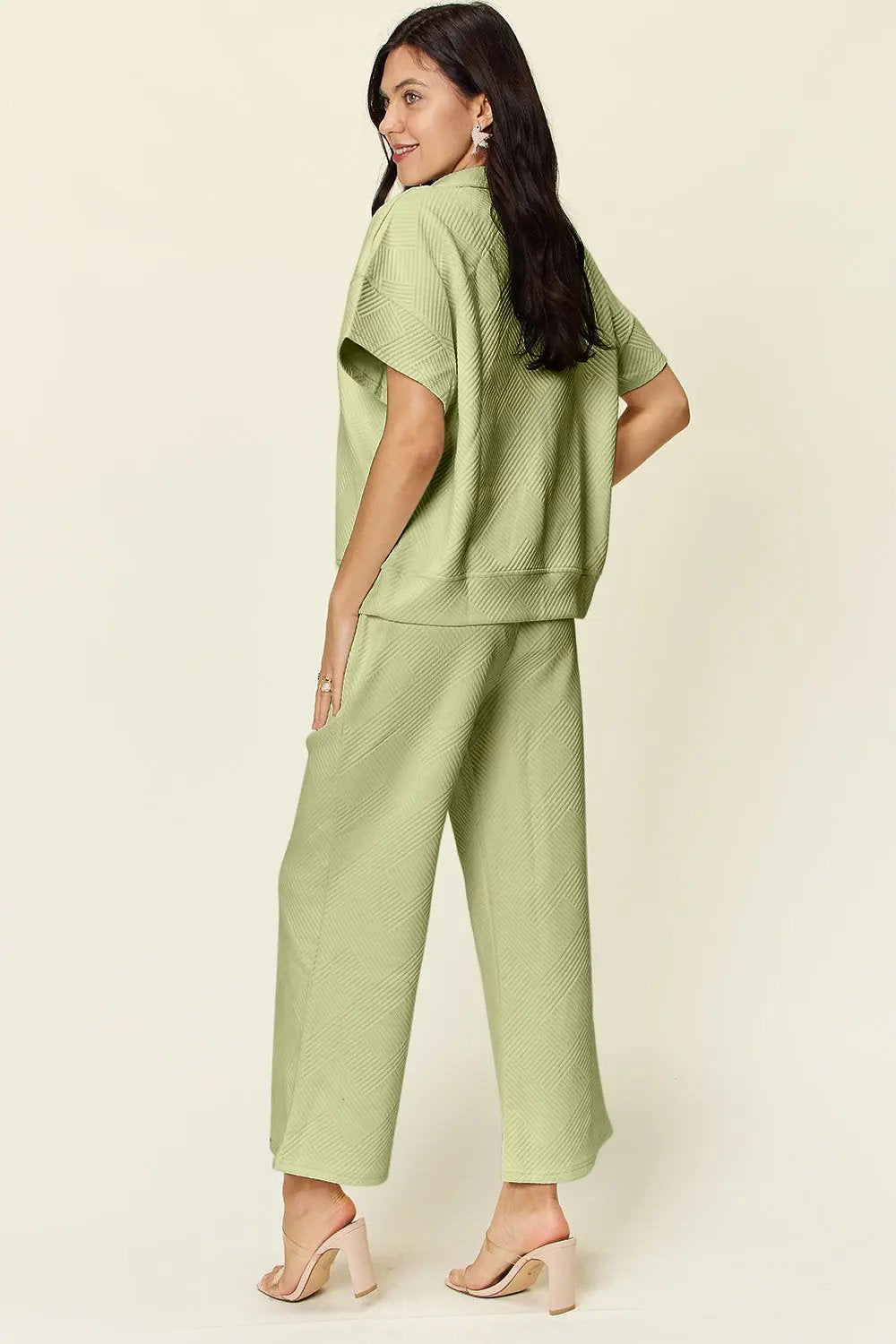 Double Take Full Size Texture Half Zip Short Sleeve Top and Pants Set - Love Salve