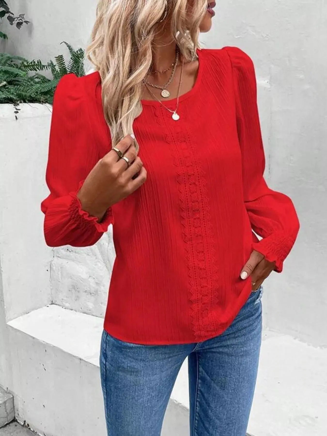Lace Trim Long Sleeve Blouse Simply Love