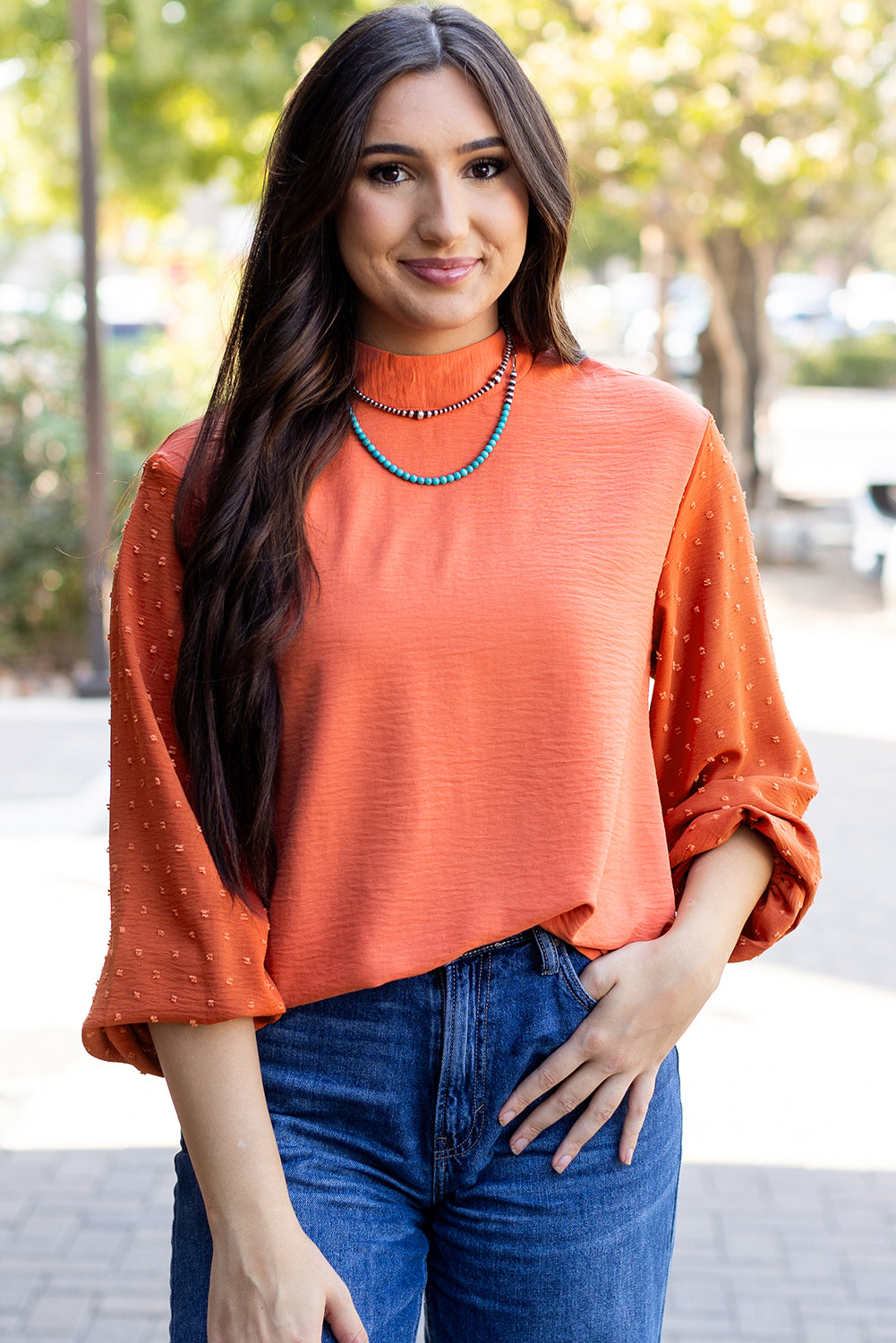 June Swiss Dot Balloon Sleeve Blouse with Keyhole Back Closure - Love Salve 