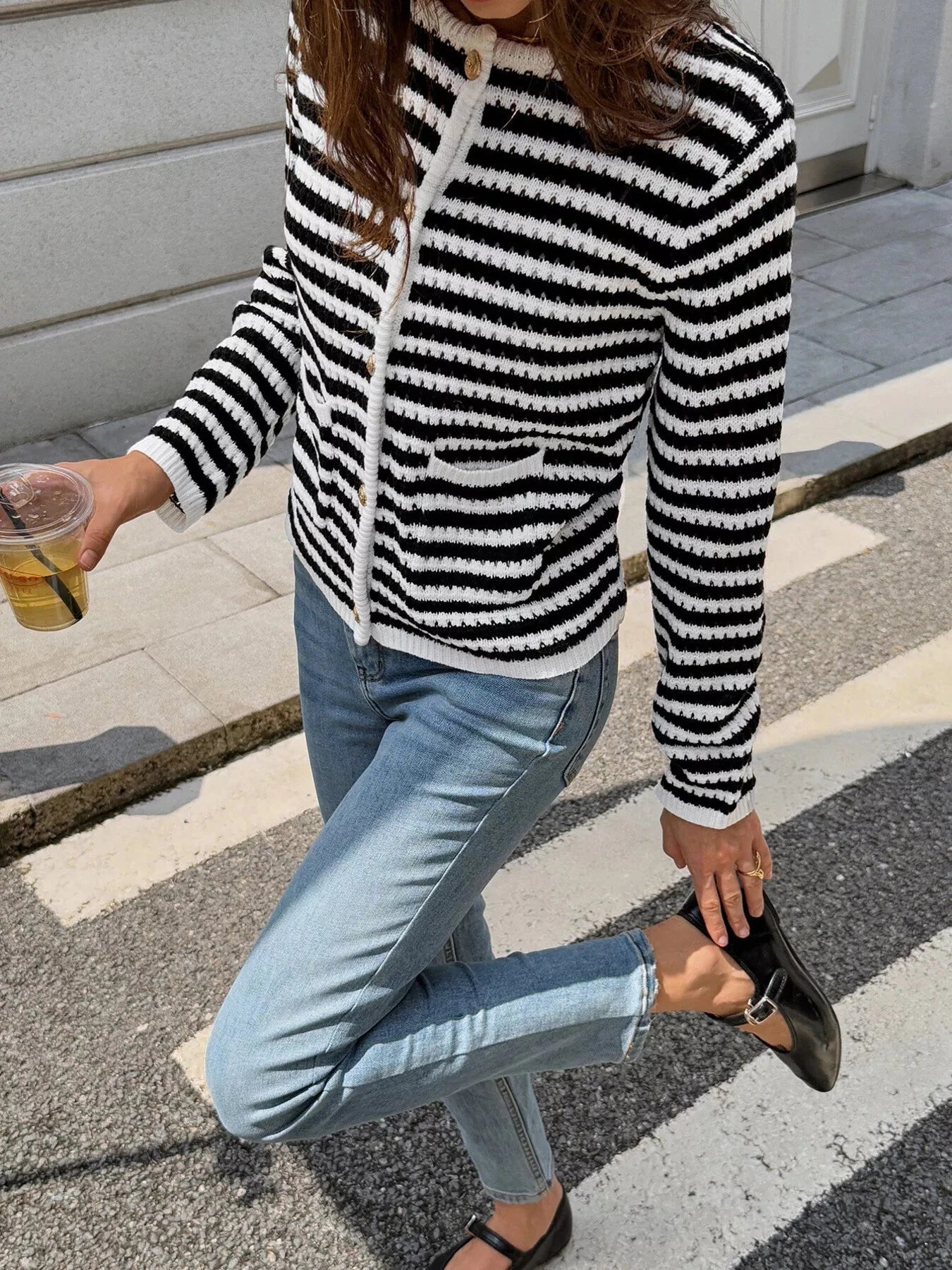 Striped Knit Cardigan with Gold Buttons Simply Love