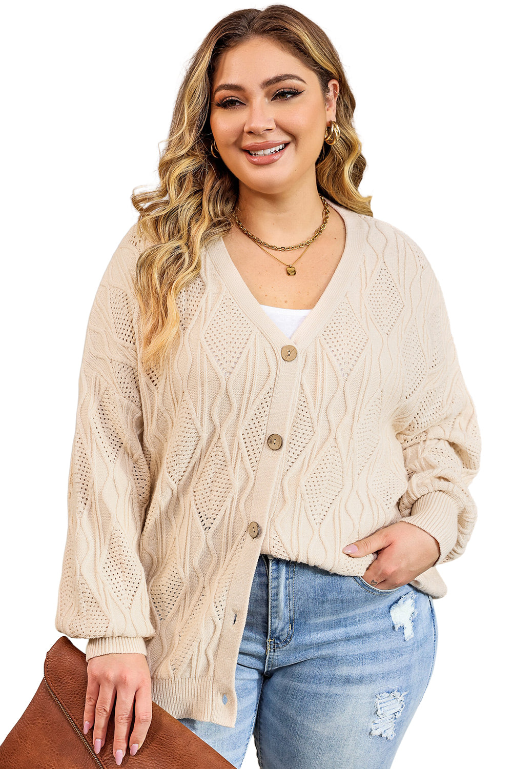 Chic apricot plus size knitted cardigan with hollow-out details