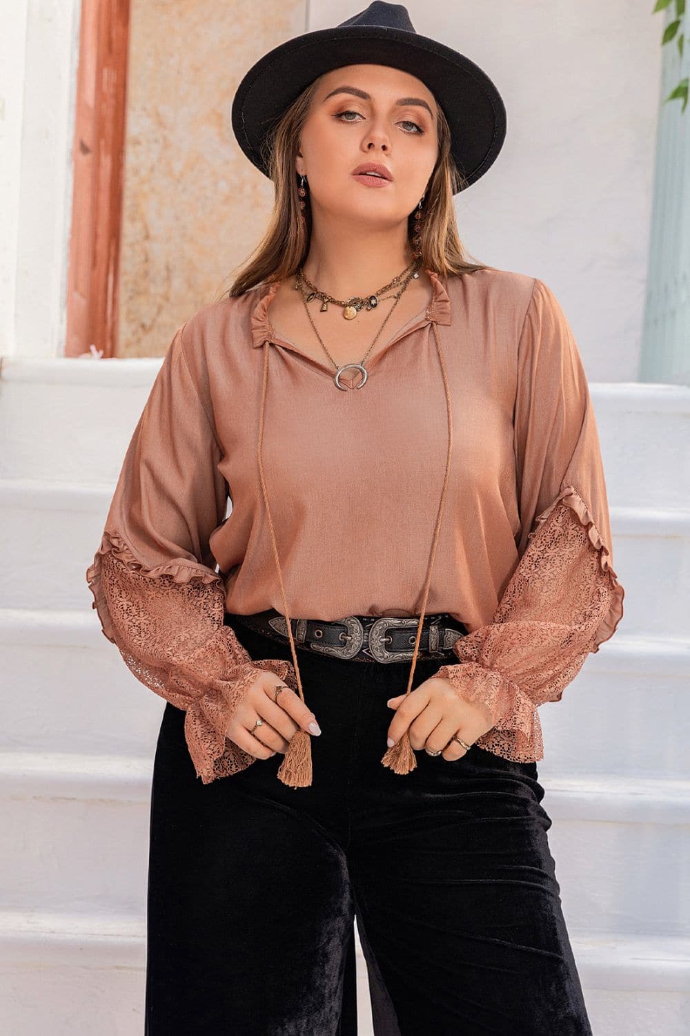 Plus Size Tie Neck Flounce Sleeve Blouse.