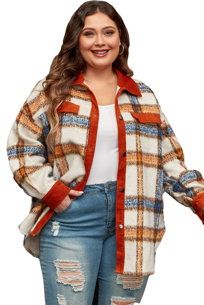 Chic plaid plus size collared button-up jacket with brown stripes