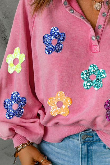 Sequin Flower Half Snap Lantern Sleeve Sweatshirt.