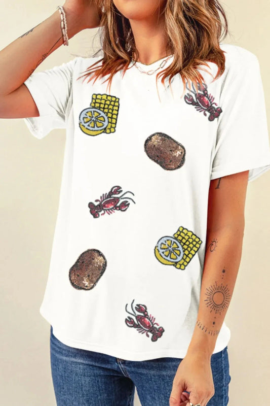 Sequin Crawfish Potato Round Neck Short Sleeve T-Shirt Simply Love