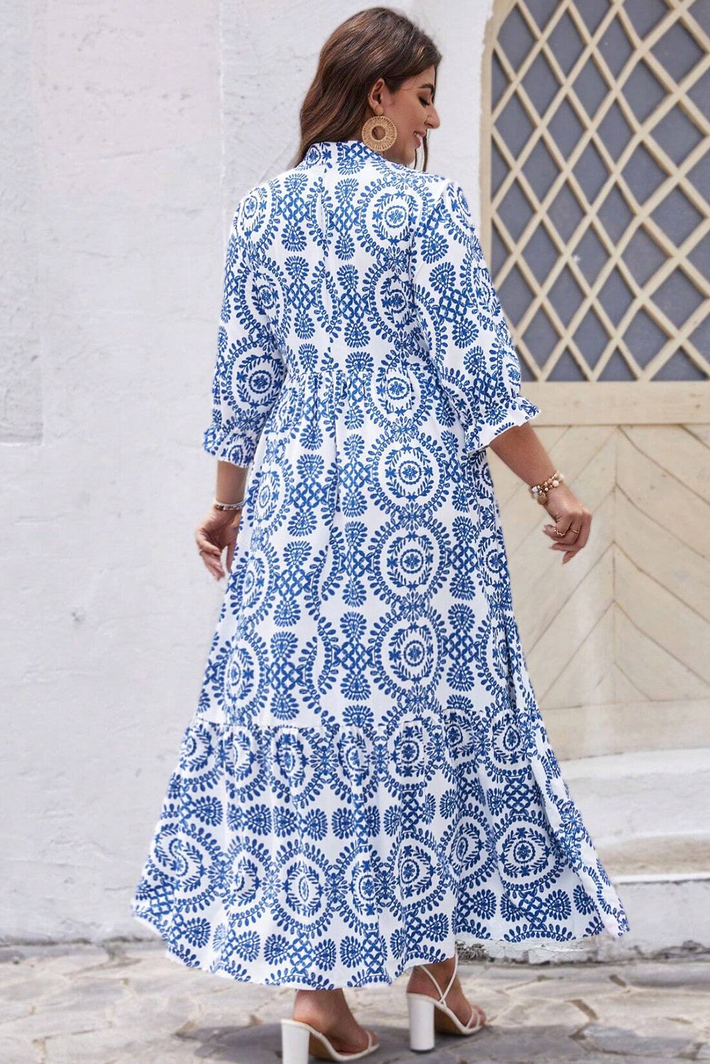 Sky blue geometric lace-up maxi dress with notch neck for plus sizes