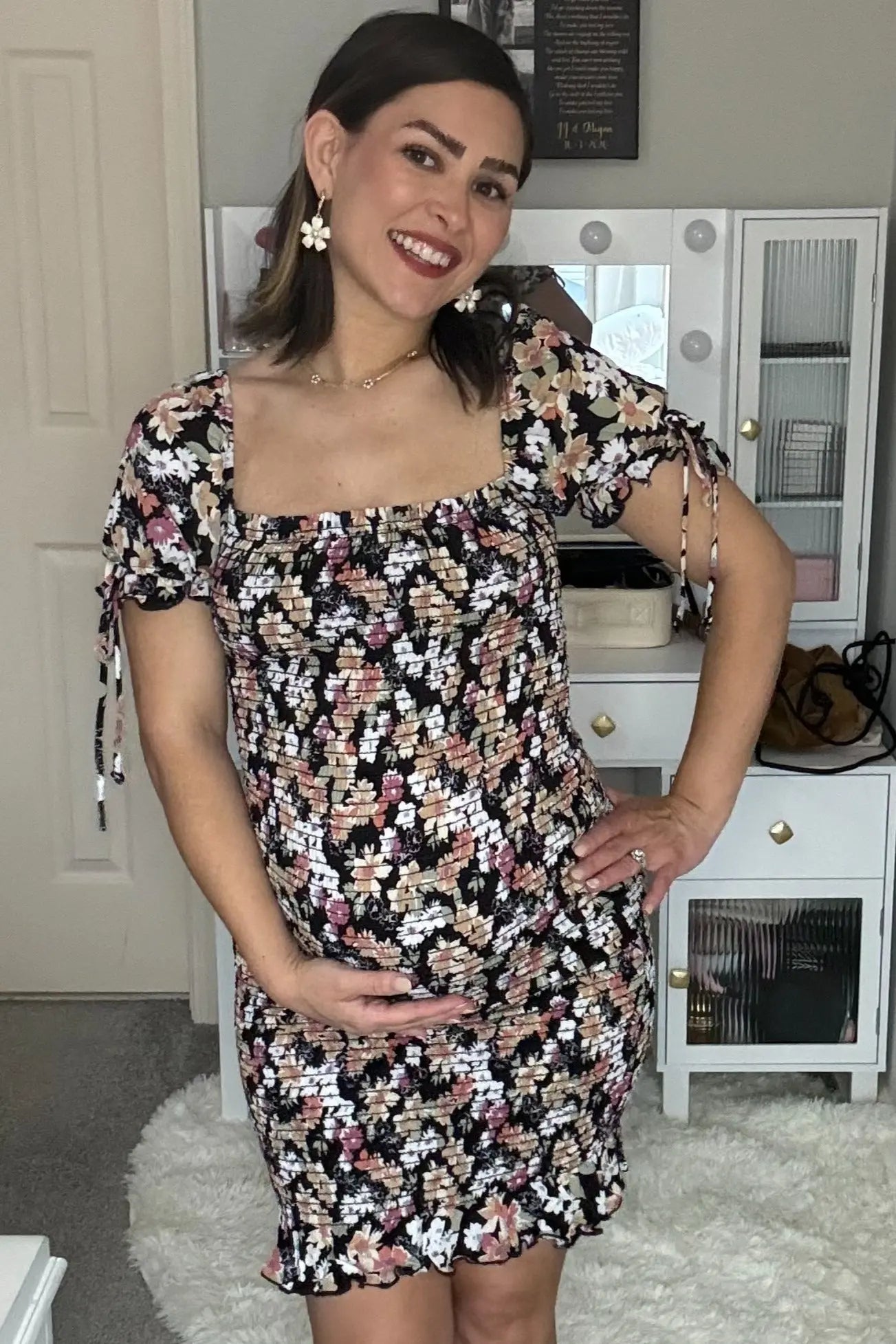 Black Floral Smocked Puff Sleeve Maternity Dress PinkBlush