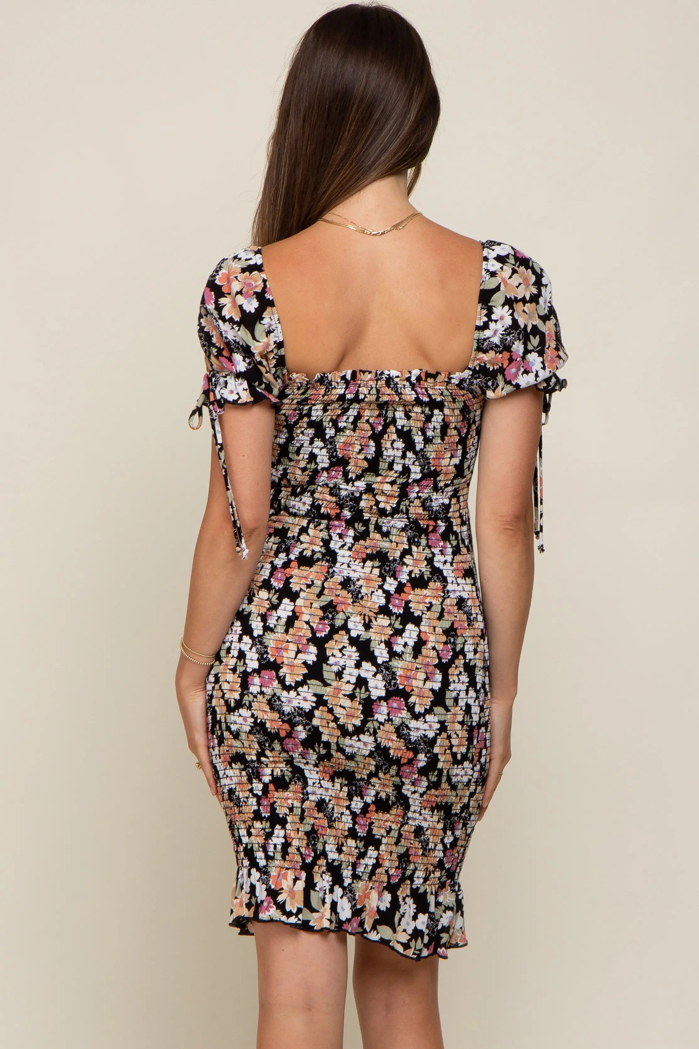 Black Floral Smocked Puff Sleeve Maternity Dress PinkBlush