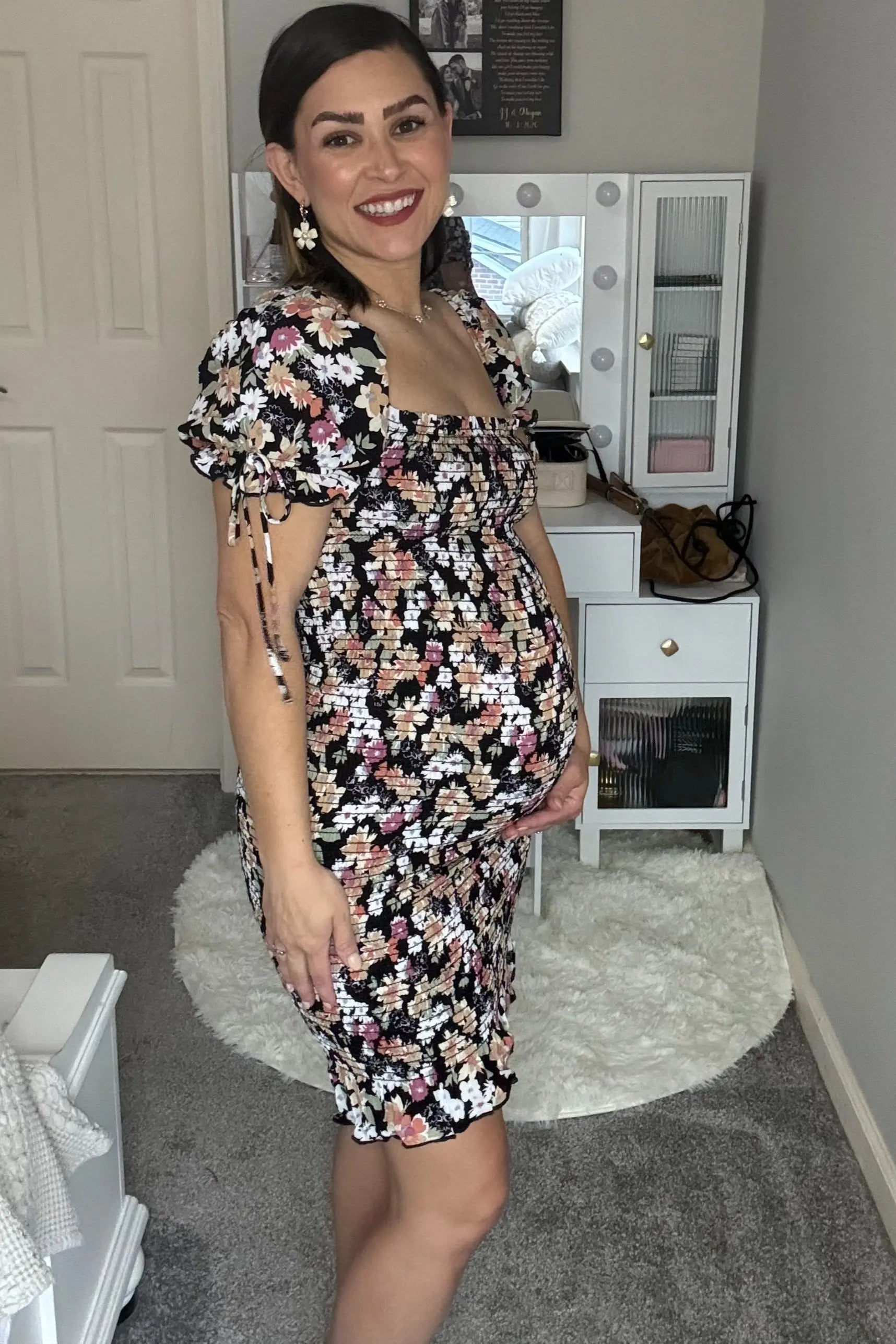 Black Floral Smocked Puff Sleeve Maternity Dress PinkBlush
