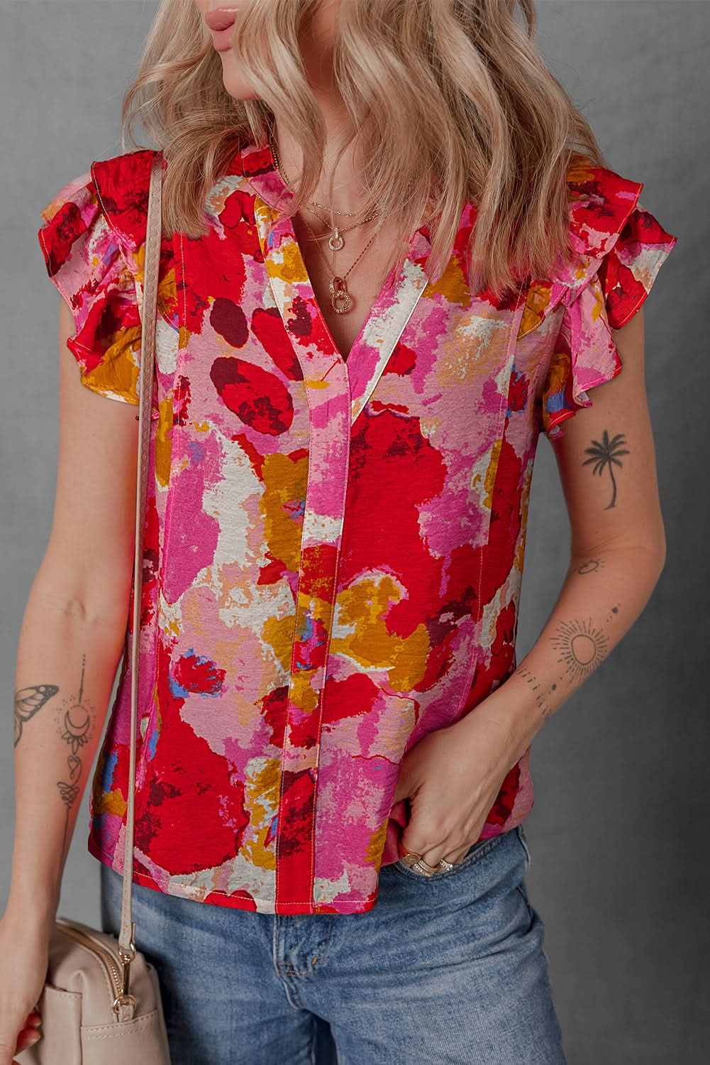 Red Ruffled V Neck Blouse with Abstract Print