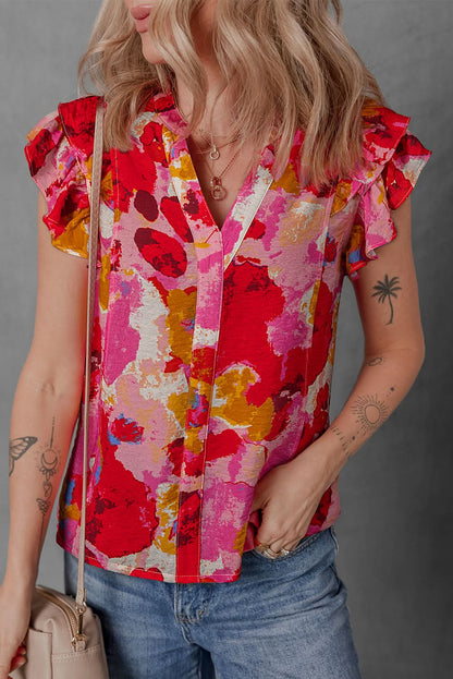 Red Ruffled V Neck Blouse with Abstract Print