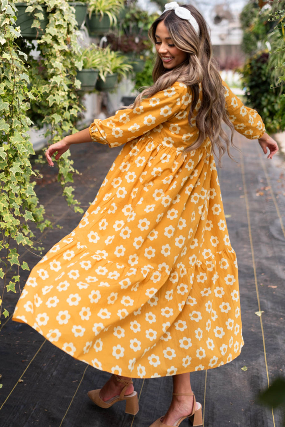 Charming floral collared maxi dress with button detail and bracelet sleeves