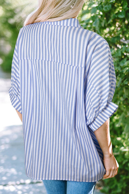 Effortlessly chic sky blue striped oversized dolman shirt