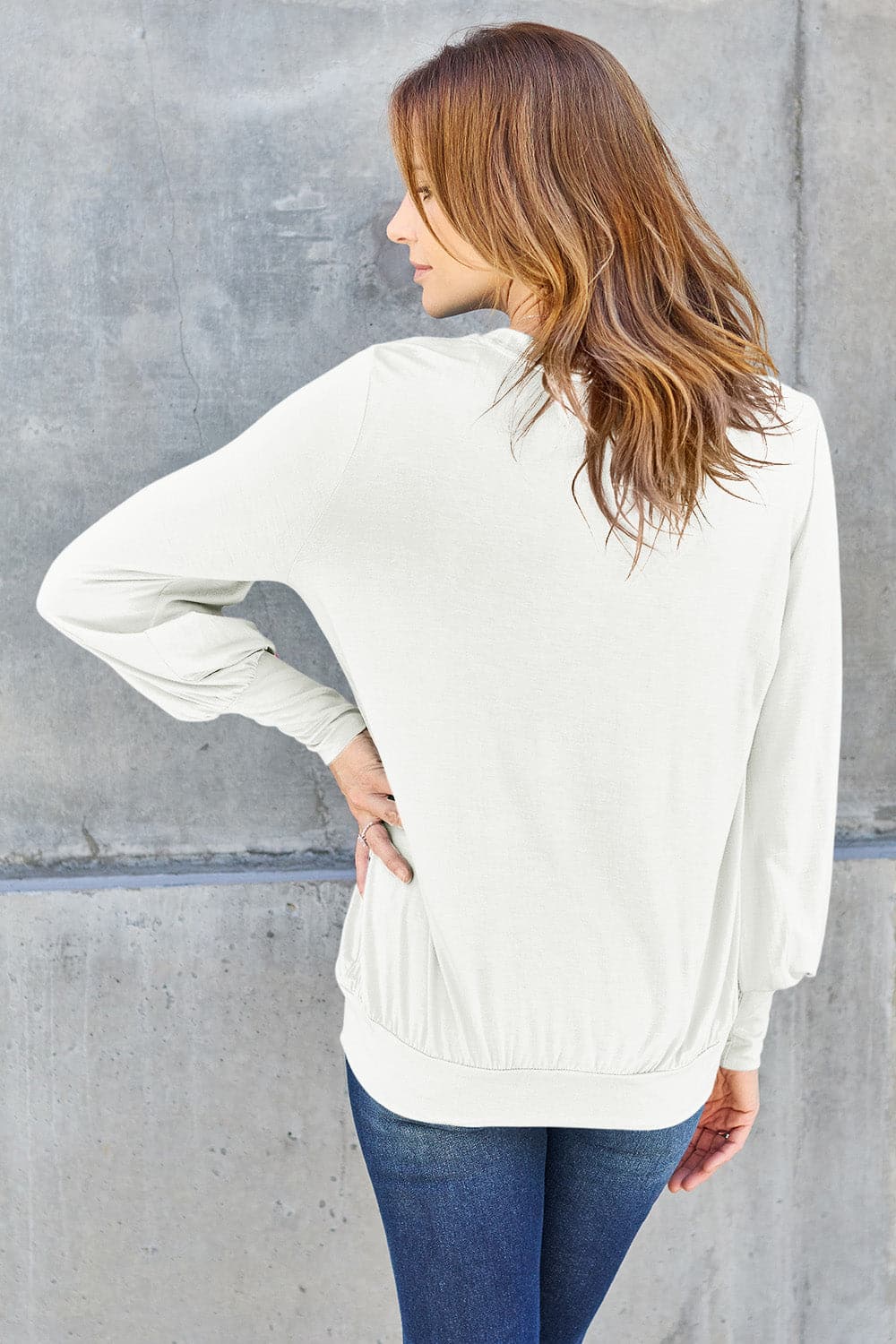 Basic Bae Full Size V-Neck Lantern Sleeve Top.