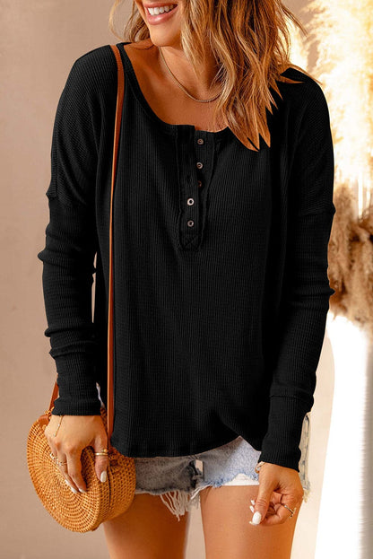 Chic drop shoulder half-button tee