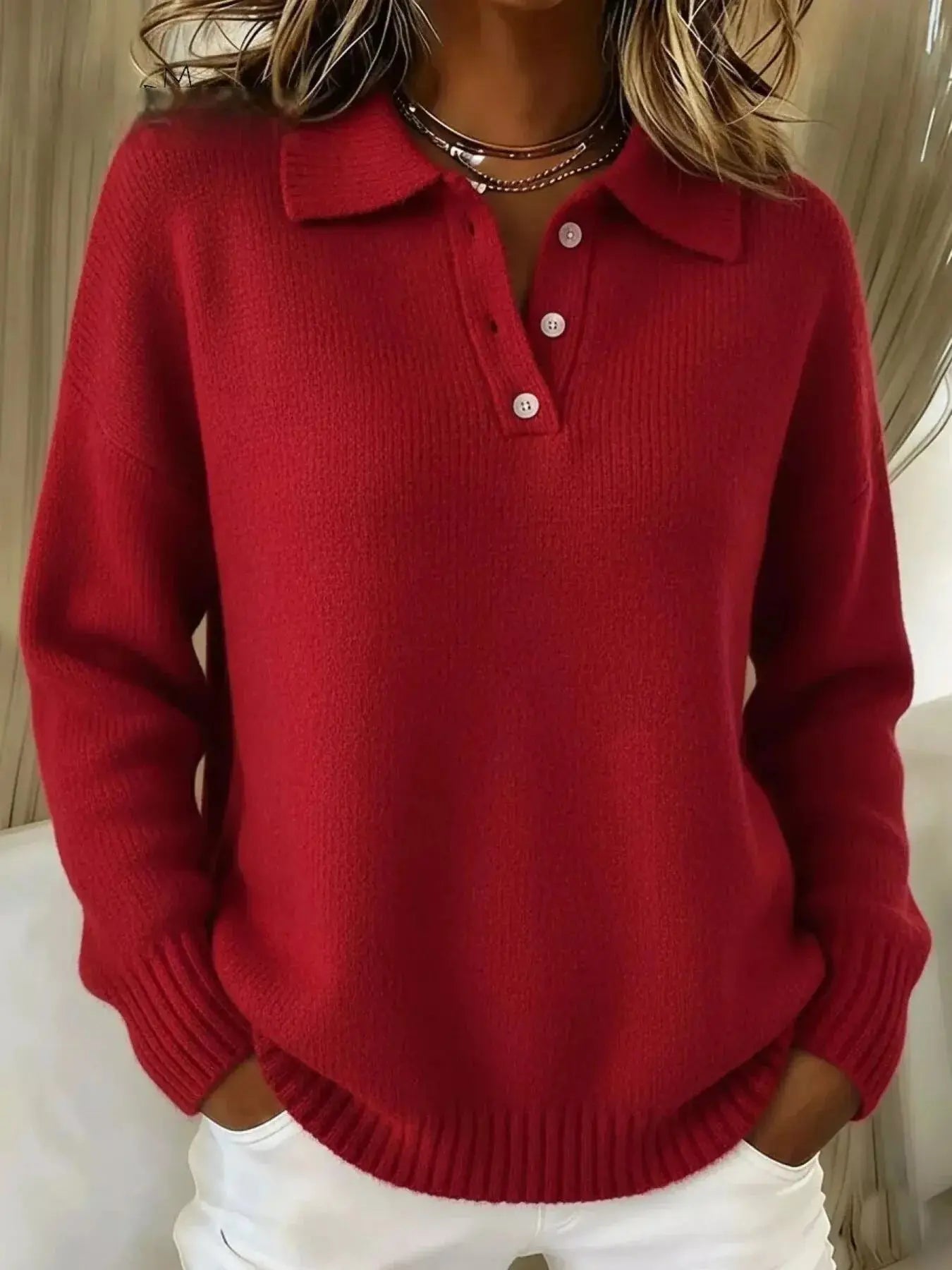Full Size Half Button Collar Drop Shoulder Sweater Plus Size Simply Love