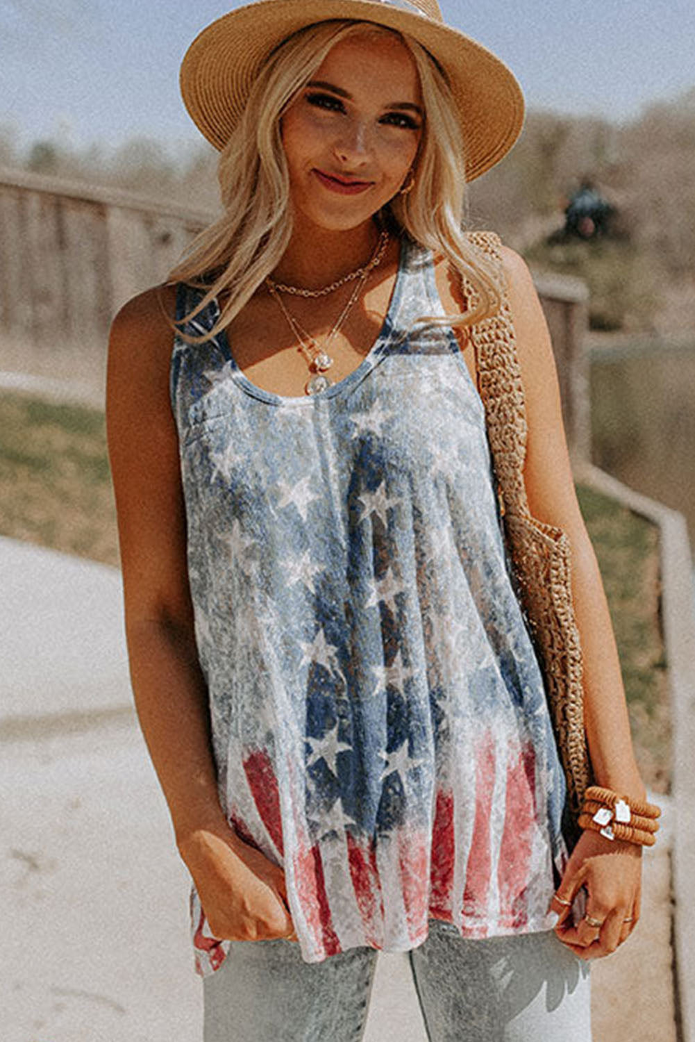 Patriotic blue vintage flag print tank top