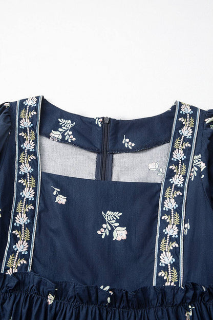 Embroidered Blue Floral Mini Dress with Puff Sleeves and Ruffled Hem