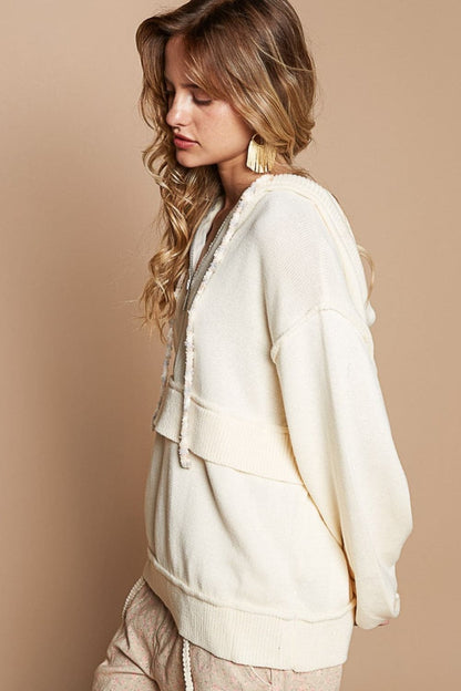 Cozy half zip hooded sweater with trendy drop shoulders