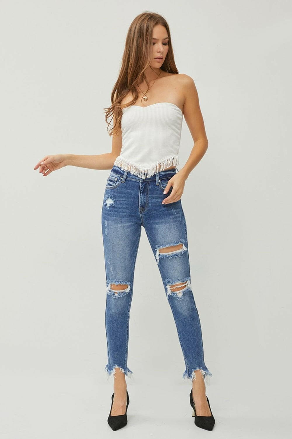 RISEN Distressed Frayed Hem Slim Jeans.