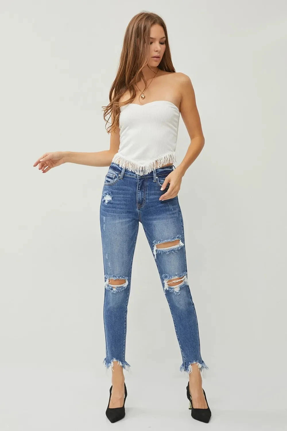 RISEN Distressed Frayed Hem Slim Jeans Coco’s Tee Boutique