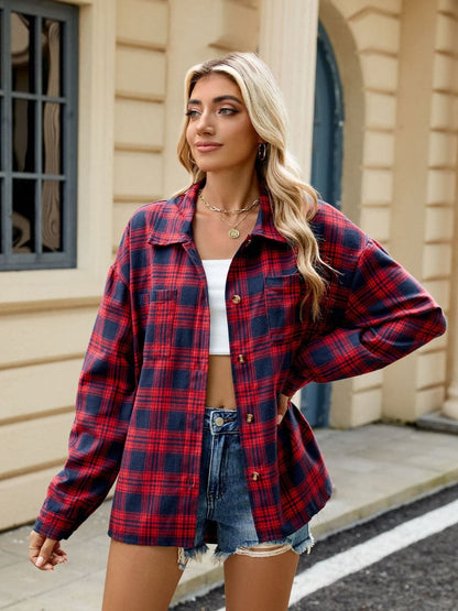 Plaid Collared Neck Long Sleeve Shirt.