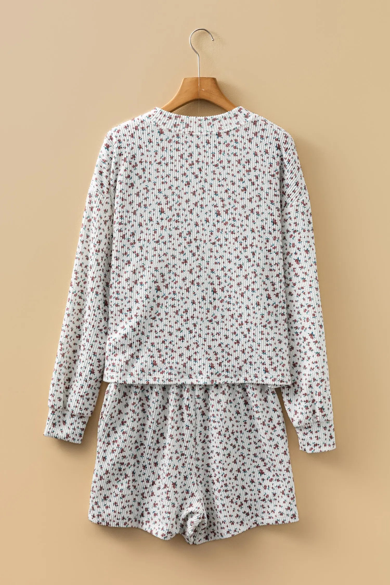 White Spiral Ribbed Floral Print Long Sleeve Henley Top Drawstring Short Set Dear-Lover Dropshipping