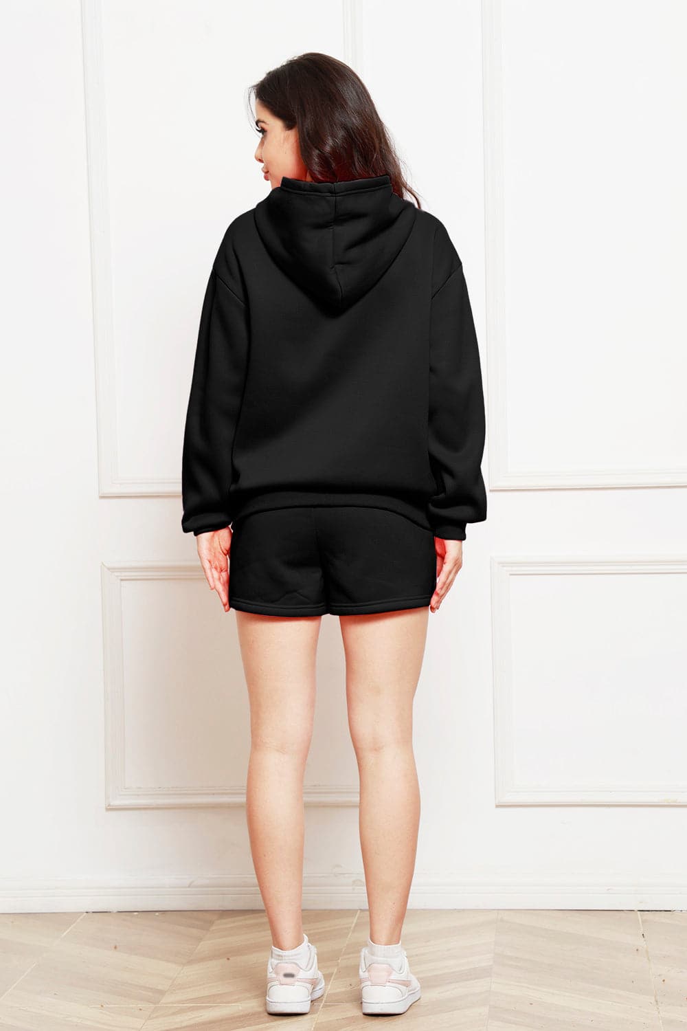 Drop Shoulder Long Sleeve Hoodie and Shorts Set.