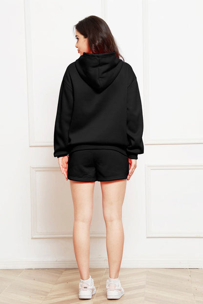 Drop Shoulder Long Sleeve Hoodie and Shorts Set.